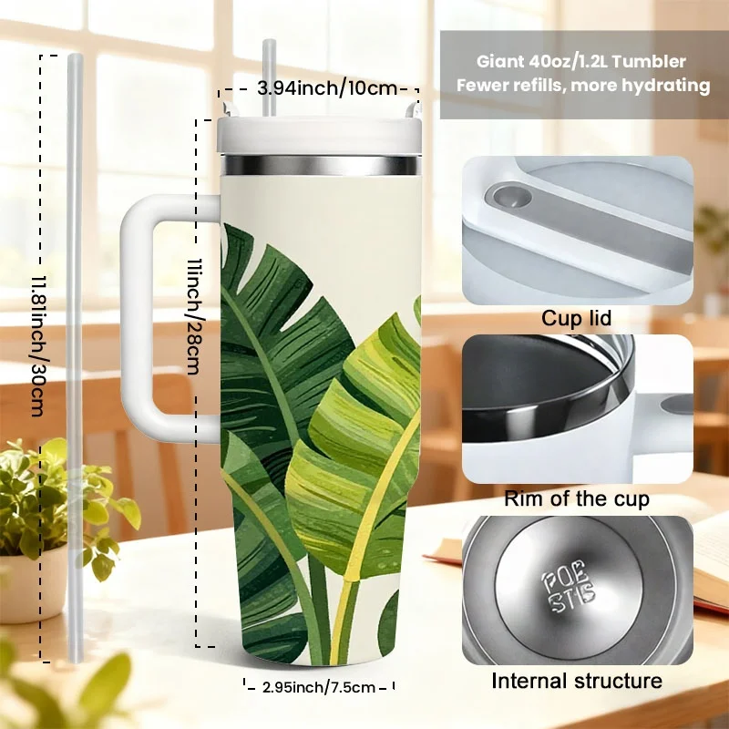 1pc 40 Oz Stainless Steel Sublimation Double Wall Insulated Tumbler with Straw, Stylish Tropical Palm And Banana Leaf Print Travel Mug, 18H Hot 36H Cold, Ideal for Daily Use And Holiday Birthday Gifting for Friends And Family