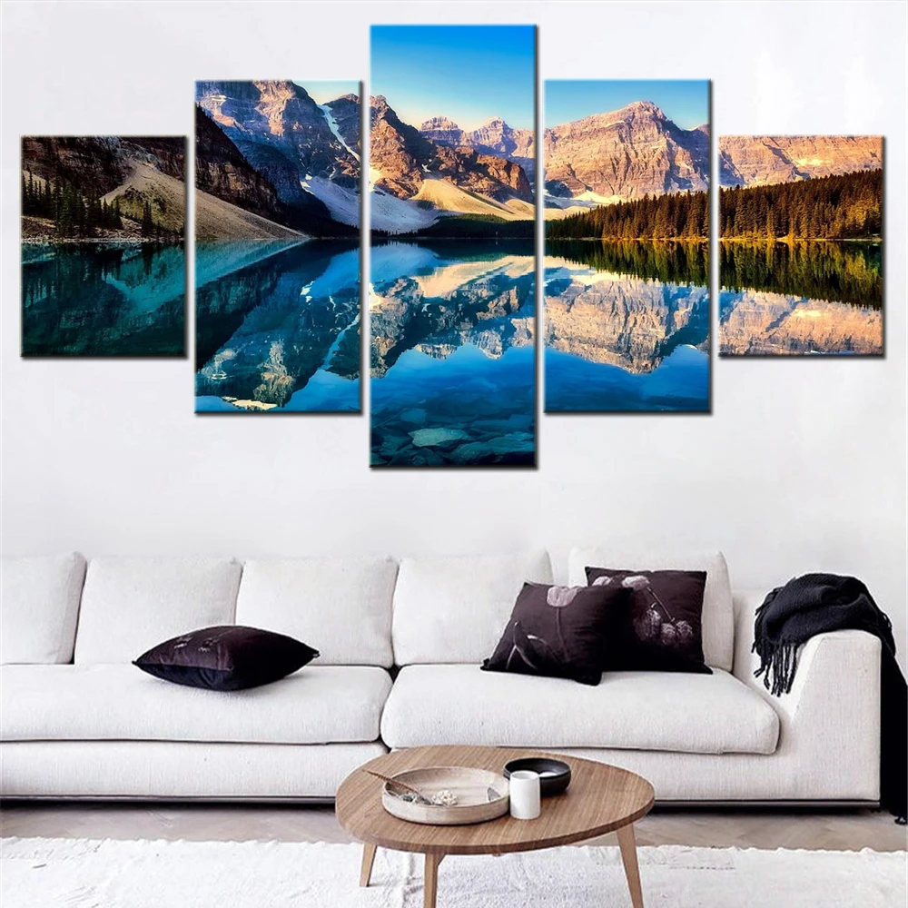 

5 Pieces Nurture Canvas Painting Landscape Lake Reflect by Mountains Wallpaper Modular Picture Print Living Room Wall Artwork