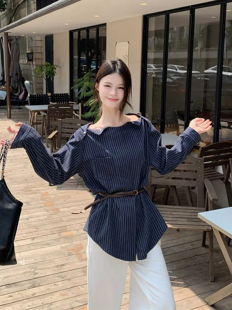 Striped one-word shoulder long-sleeved shirt women's 2025spring French slightly fat loose and thin high-end temperament top tide