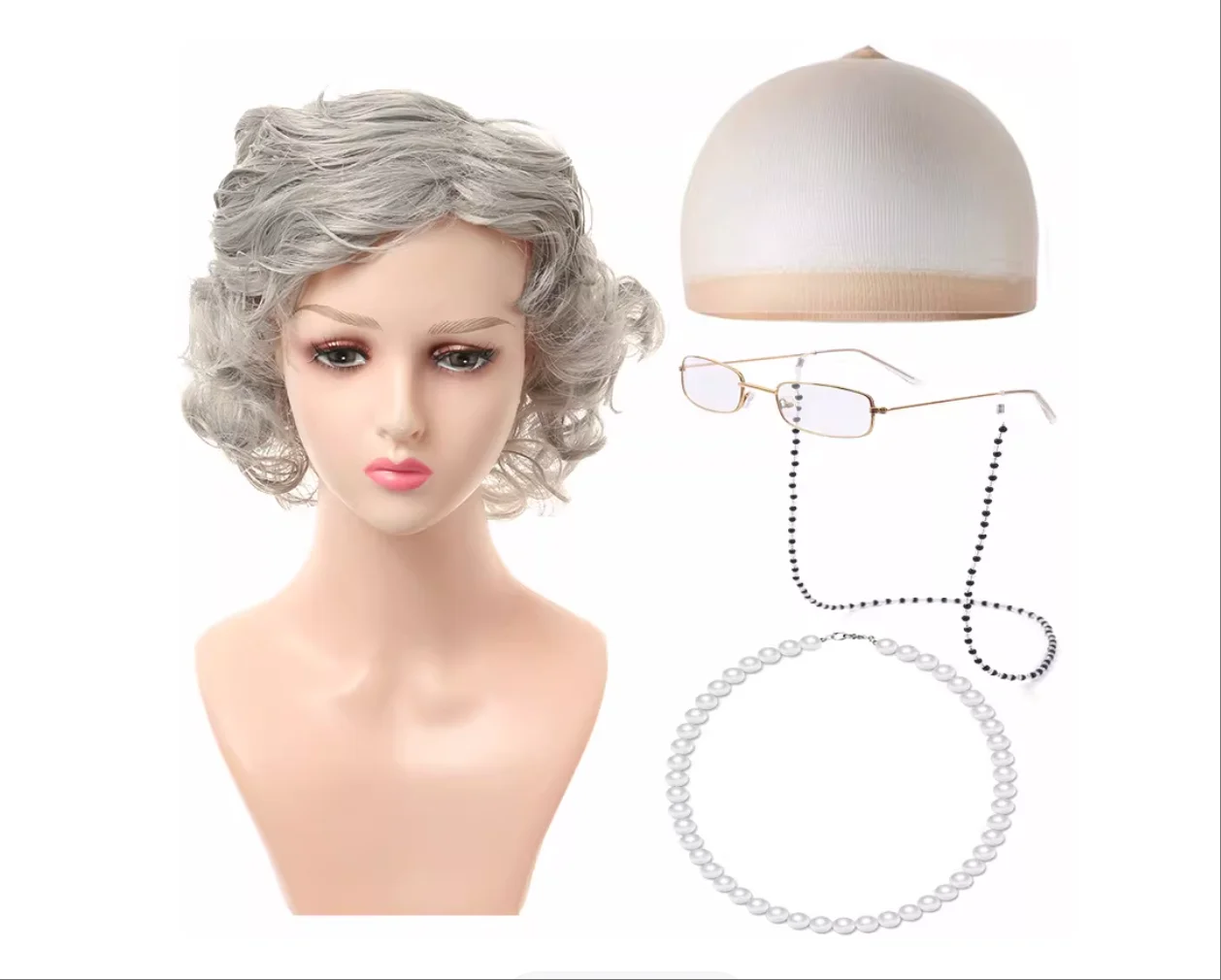 Grey Synthetic Grandma Wig, Wig Cap, Glasses, Glasses Chain, Pearl Necklace, Suitable For School Role-Playing Halloween