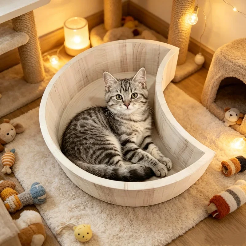 

Wooden Moon Shape Pet Nest Cute Small Animal Sleeping Bed Rest House Comfortable Pet Cave Home Photography Shooting Decor Prop