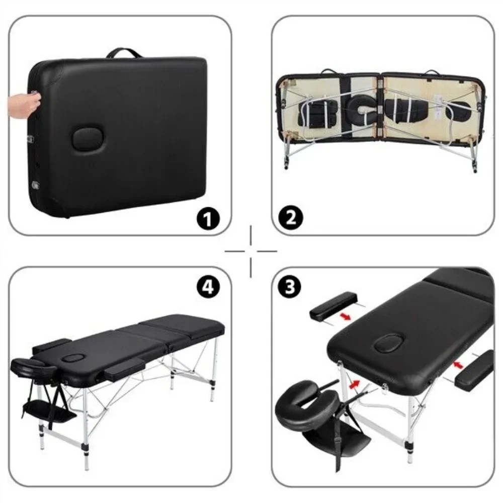 Table de massage professionnelle en aluminium, lit d'arrimage Portable réglable, 3 pliages