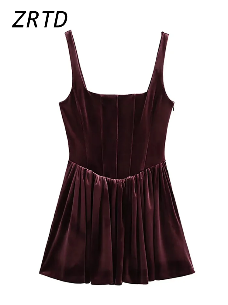 Sexy Velvet Mini Party Dress Women Pleated Square Collar Sleeveless Backless Sling Dresses 2024 Autumn Lady Elegant Vestidos New