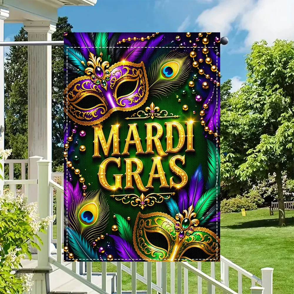 1pc Mardi Gras Masquerade Garden Flag, double sided print, perfect for patio and outdoor carnival decorations (pole not included