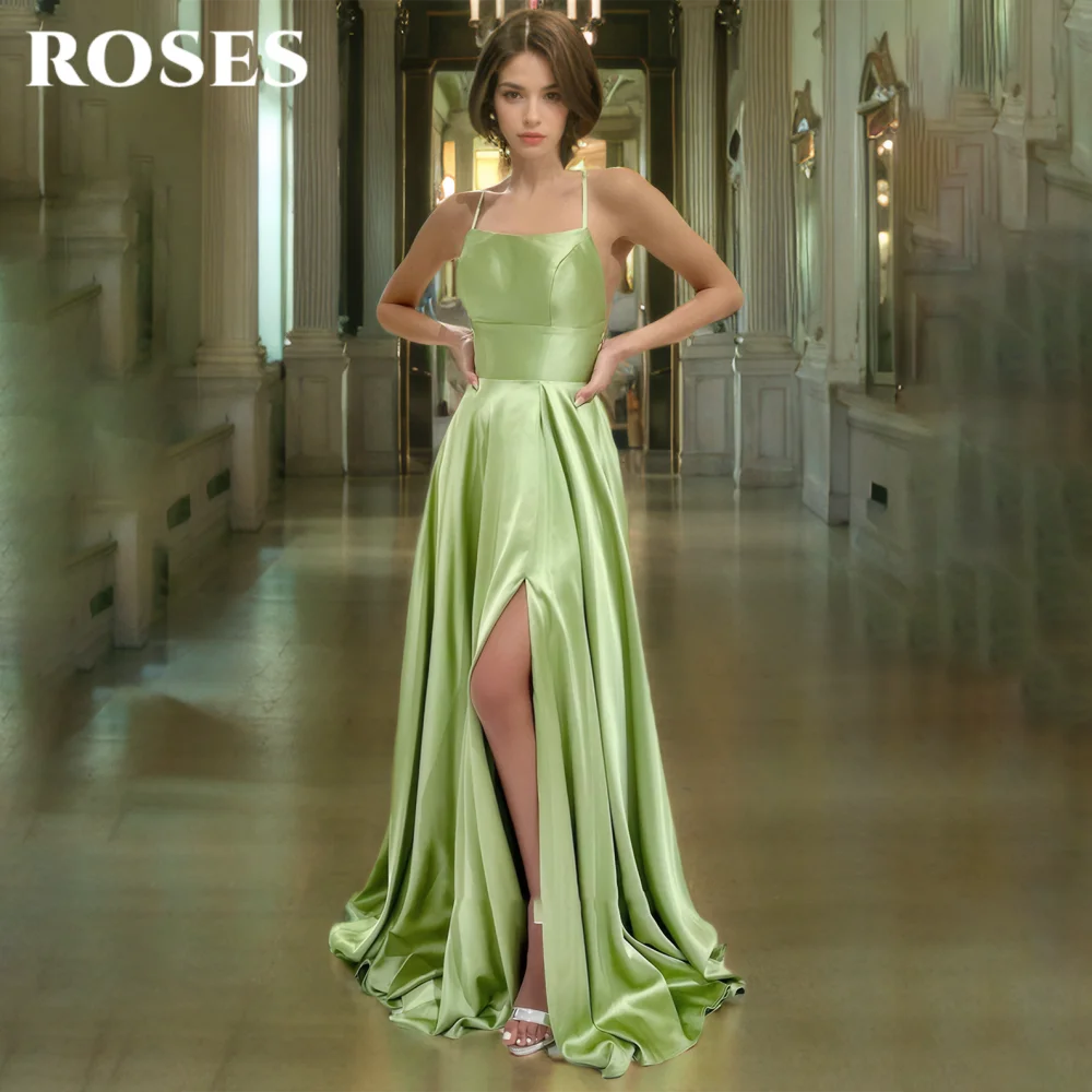 ROSES Green Elegant Prom Dresses Scoop Spaghetti Straps Celebrity Dress Stain Sexy Backless Side Split Formal Gown Customized