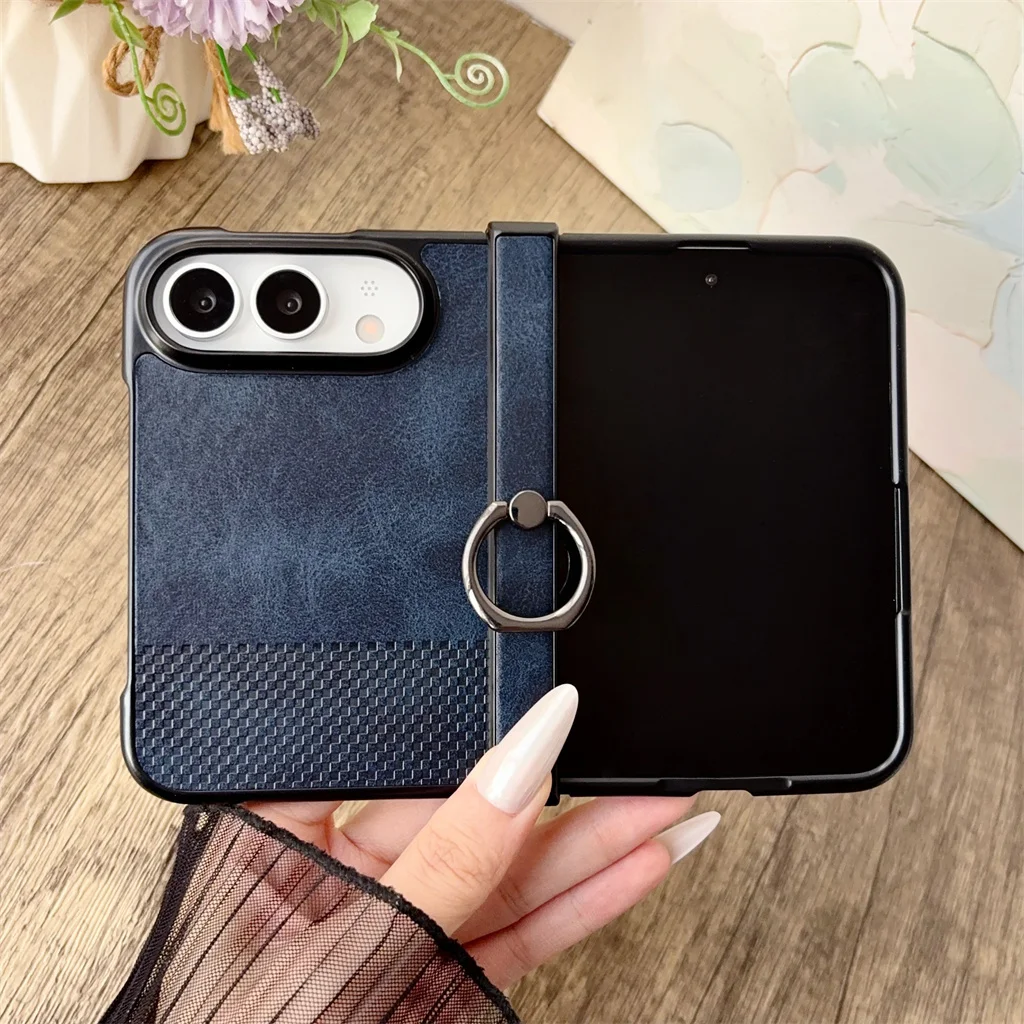 Hinge Vollschutz-Leder-Handyhülle für Apple iPhone Duo 18 mit Falt-Ringhalter, gewebter Textur, stoßfester Hartschalenhülle