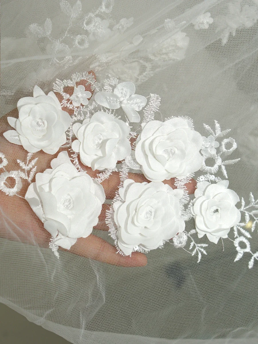 3D Flower Lace Embroidered Tulle Fabric Sheer Lightweight Mesh For Bridal Veils Dress Embellishments And DIY Decoration
