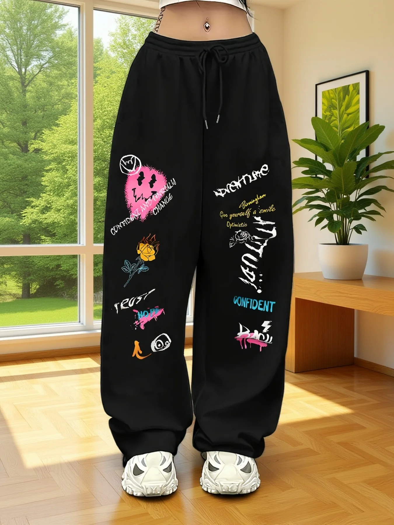 سراويل رياضية نسائية كاجوال باللون الأسود مع مطبوعات جرافيتي ملونة، سراويل مريحة للربيع والخريف بأرجل مستقيمة