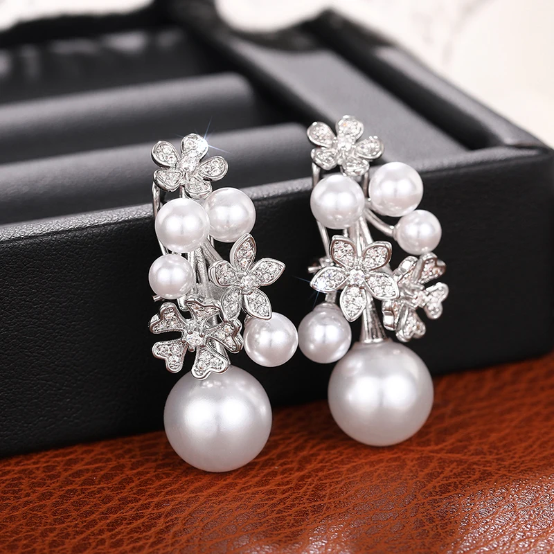 Huitan Luxury Aesthetic Pendant Earrings Female Wedding Party Jewelry with Simulated Pearl Flower Accessories for Engagement