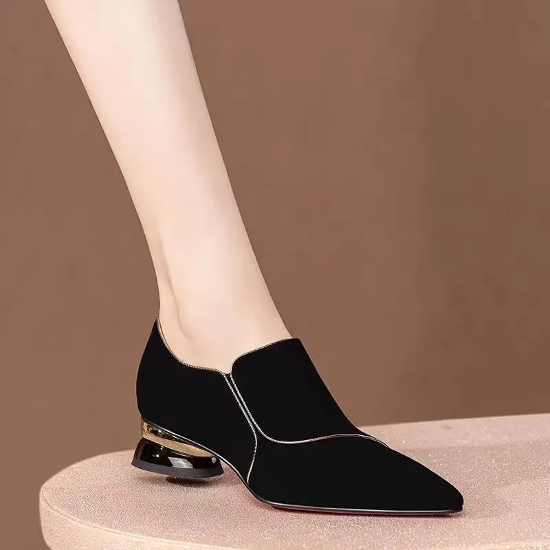 Sepatu datar ujung runcing untuk wanita kulit suede alami sepatu slip-on perca kain elastis sepatu harian kasual wanita