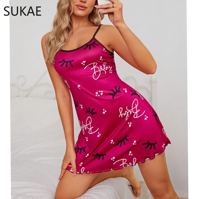 Ins Hot Barbie Pink Women Nightgowns Summer Milk Silk Woman Nightie Comfort Lingerie Lady Dress Lashes Slim Sling Sexy Mini Gown