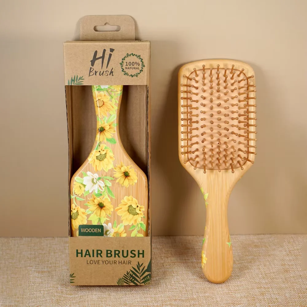 

Бамбуковая щетка для волос с подсолнухом и воздушной подушкой - натуральная деревянная массажная расческа для ухода за волосами, антистатический распутывающий подарок для укладки