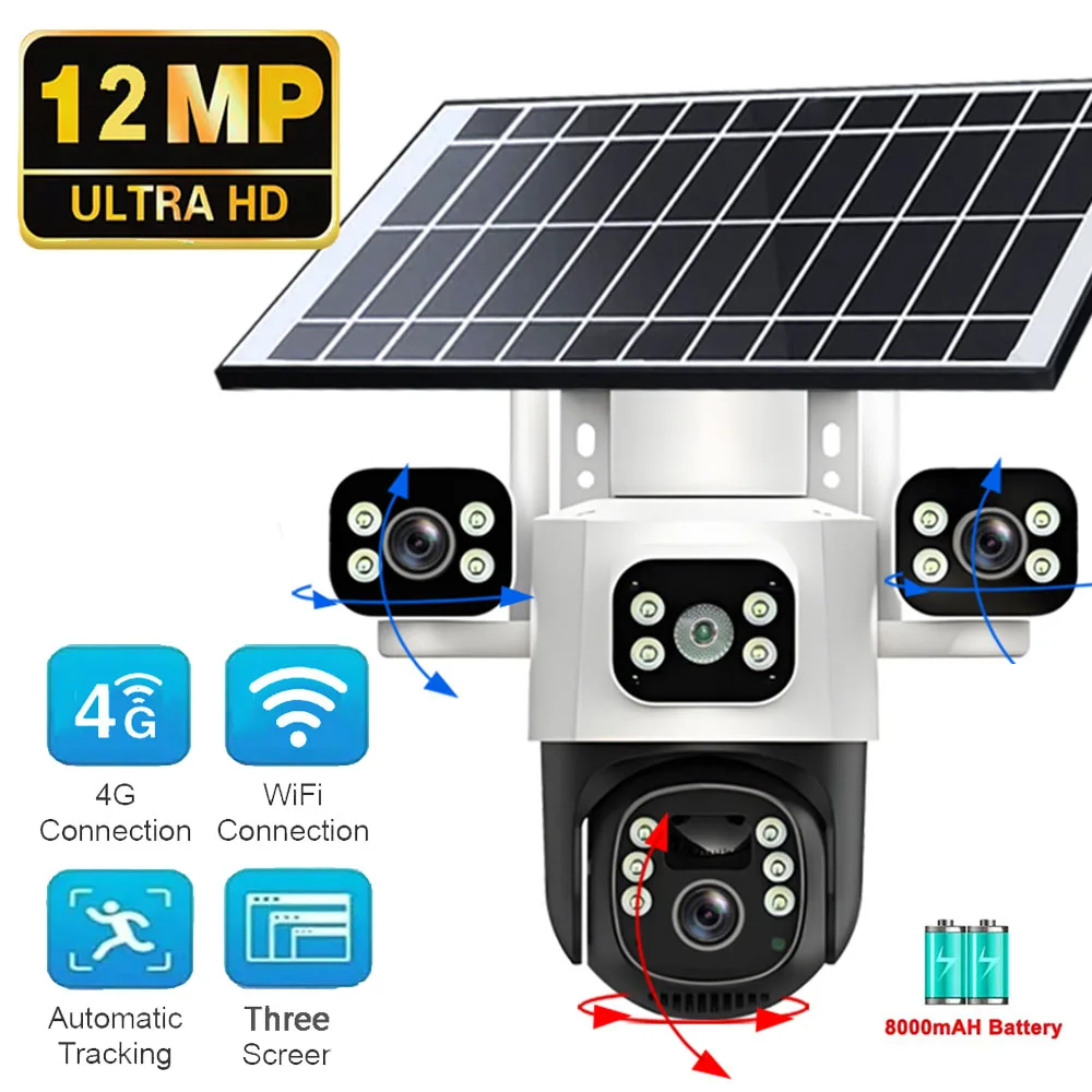 12MP Solar WIFI IP Camera CCTV Three Lens Three Screen Auto Tracking Outdoor 6K 4G Surveillance PTZ Camera Security Protection