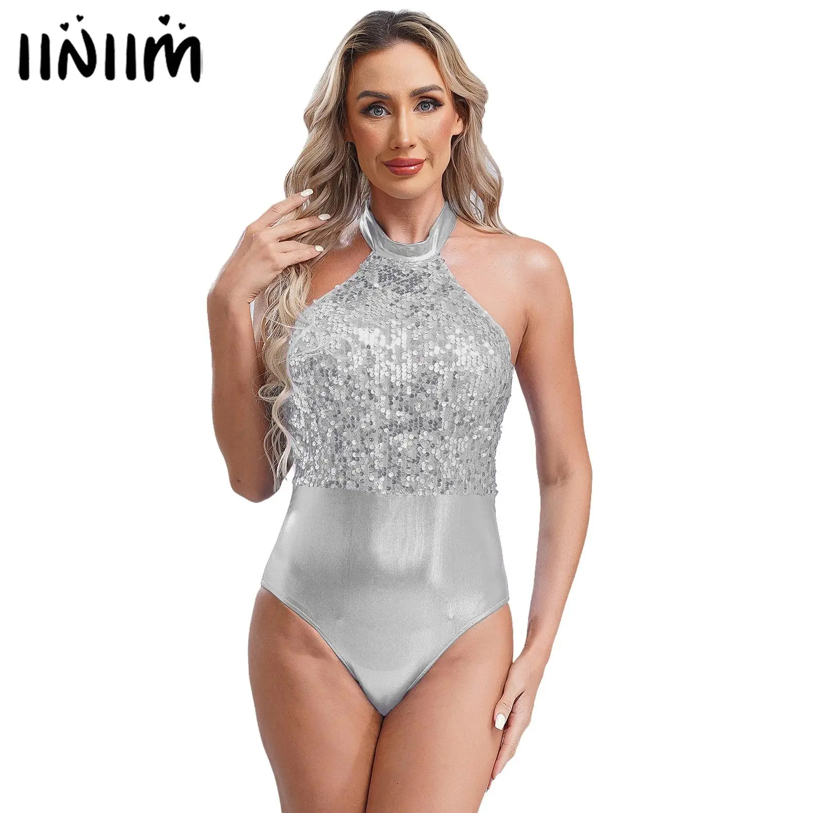 

Womens Glittery Sequins Gymnastics Ballet Jersey Metallic Bodysuit Halter Leotard for Party Club Dance Performance Costume