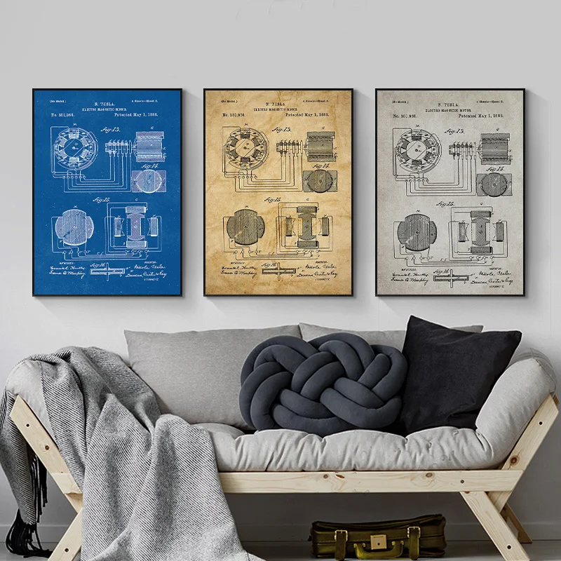 Vintage Posters Nikola Tesla Motor Patent Prints Artwork Magnetic Motor Wall Art Canvas Painting for Living Room Home Decor