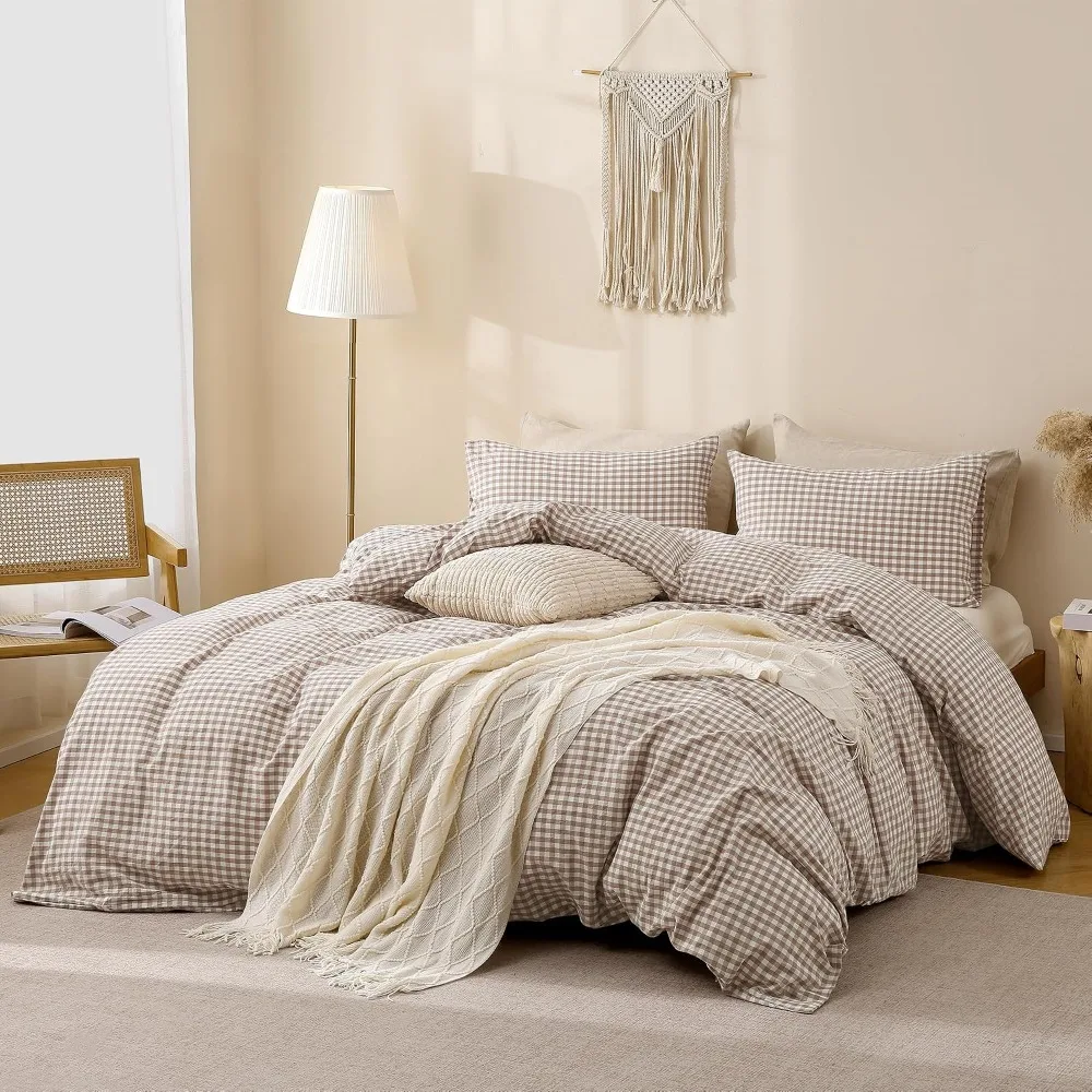 Tan Gingham Duvet Cover Bedding Set Washed Cotton Like Linen King Size
