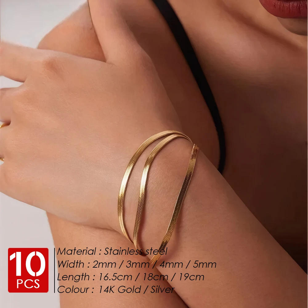 eManco 10PCS Trendy Snake Chain Bracelet Gold Color Stainless Steel Chain Bracelet For Women Jewelry Gift  Blade Chain 2/3/4/5MM