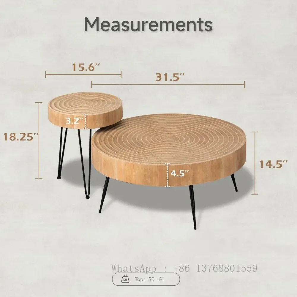 Modern Farmhouse Living Room Coffee Table Set, Nesting Table Round Natural Finish with Handcrafted Wood Ring Motif,