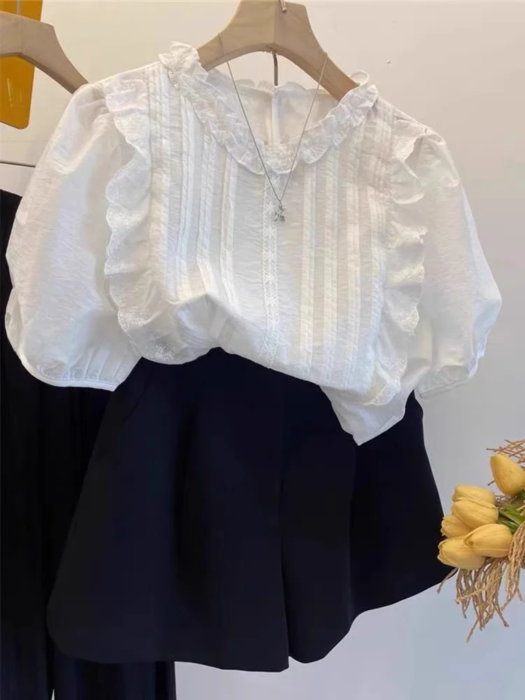 Loose round Ne ort Sve irt Women's Summer Casual Faion Earlobe Design Korean Sle Top Comfortable Breathable