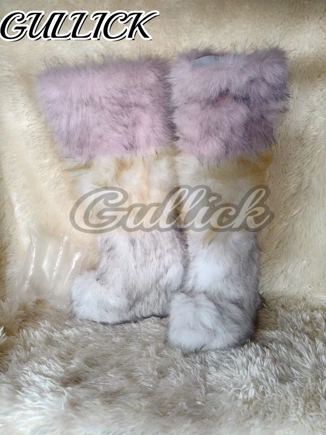 

Rabbit Fur Knee-high Boots Mixed Color Botas Round Toe Women Luxury Designer Winter Shoes 2025 Comfortable Warm Zapatos De Mujer