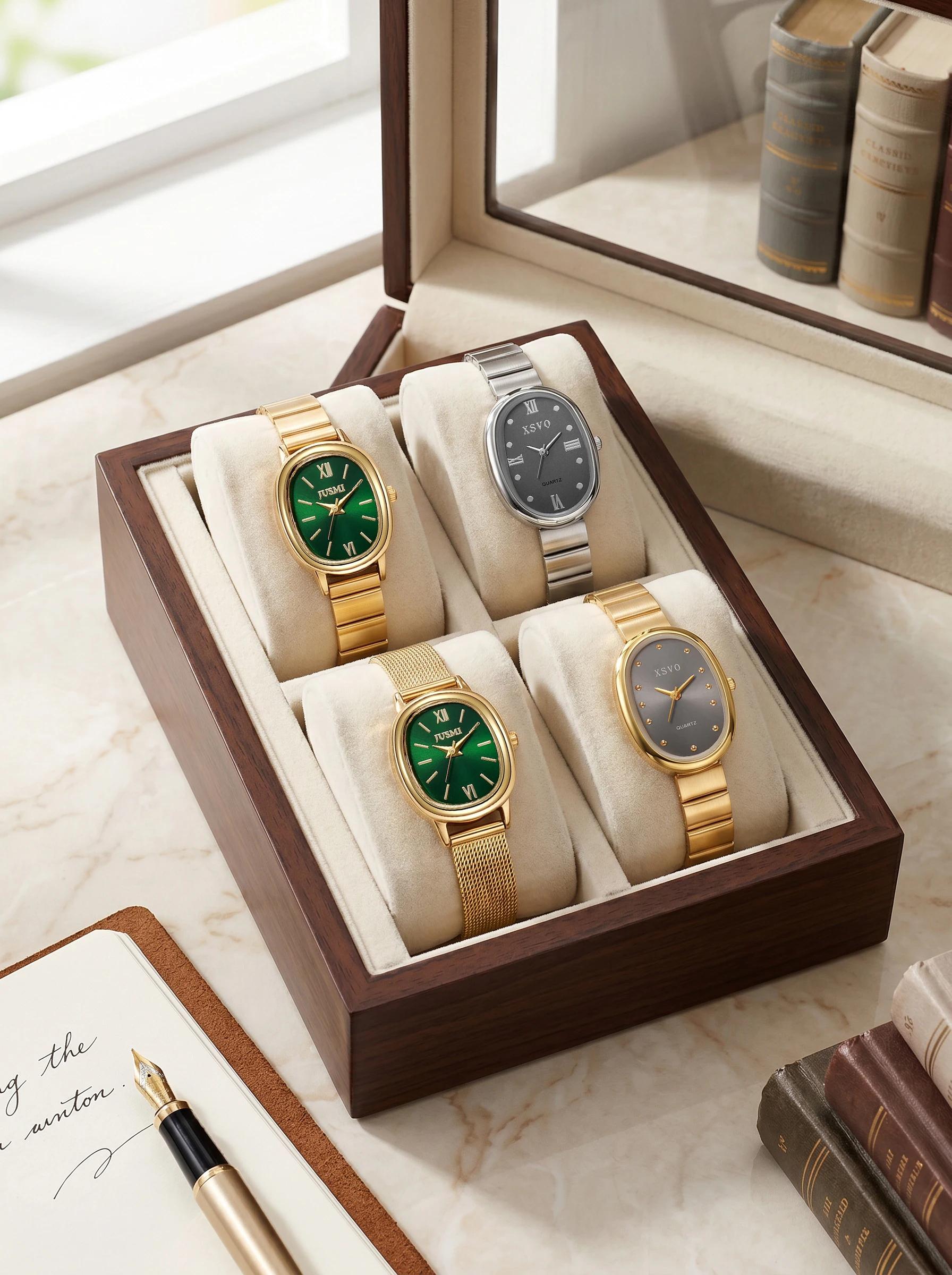 

4pcs/set Teen Minimalist Oval Watch Set, No Box, Casual Quartz Wristwatch For Back To School, Vacation & Holiday