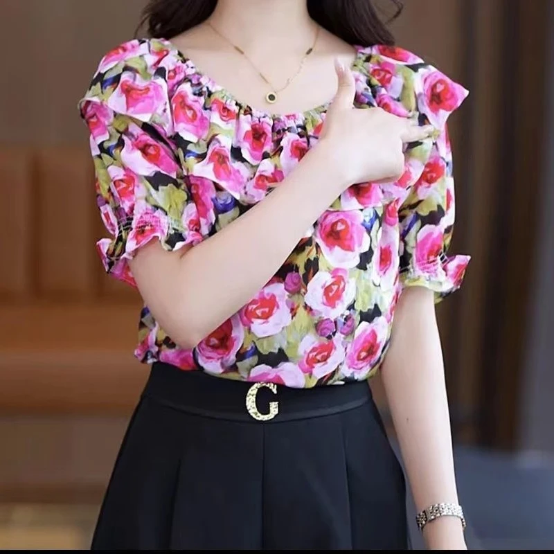 Temperament Chiffon Loose Blouse Summer New Off Shoulder Print Short Sleeve Pleated Shirt Tops Fashion Elegant Women Clothing