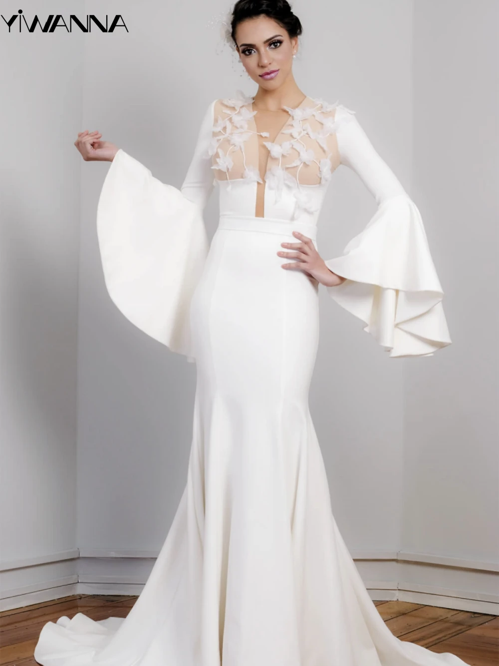 Vestido De novia De manga acampanada con cuello redondo moderno, apliques simples, vestido De novia elegante, vestido De novia largo De satén De sirena