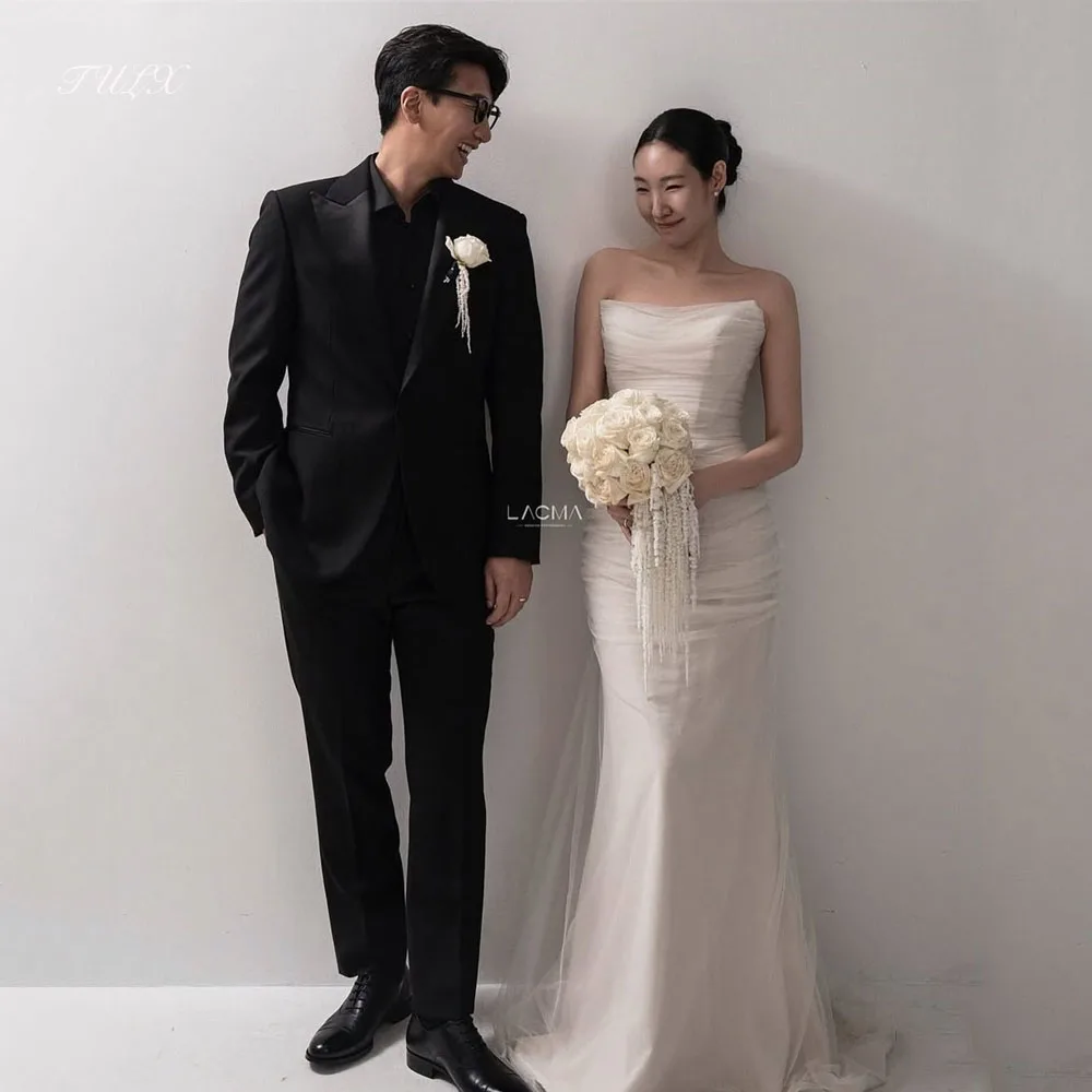 

TULX Ivory Tulle Mermaid Long Wedding Dress Korea Photo Shoot Strapless Sleeveless Bridal Gowns Corset Customized 웨딩드레스