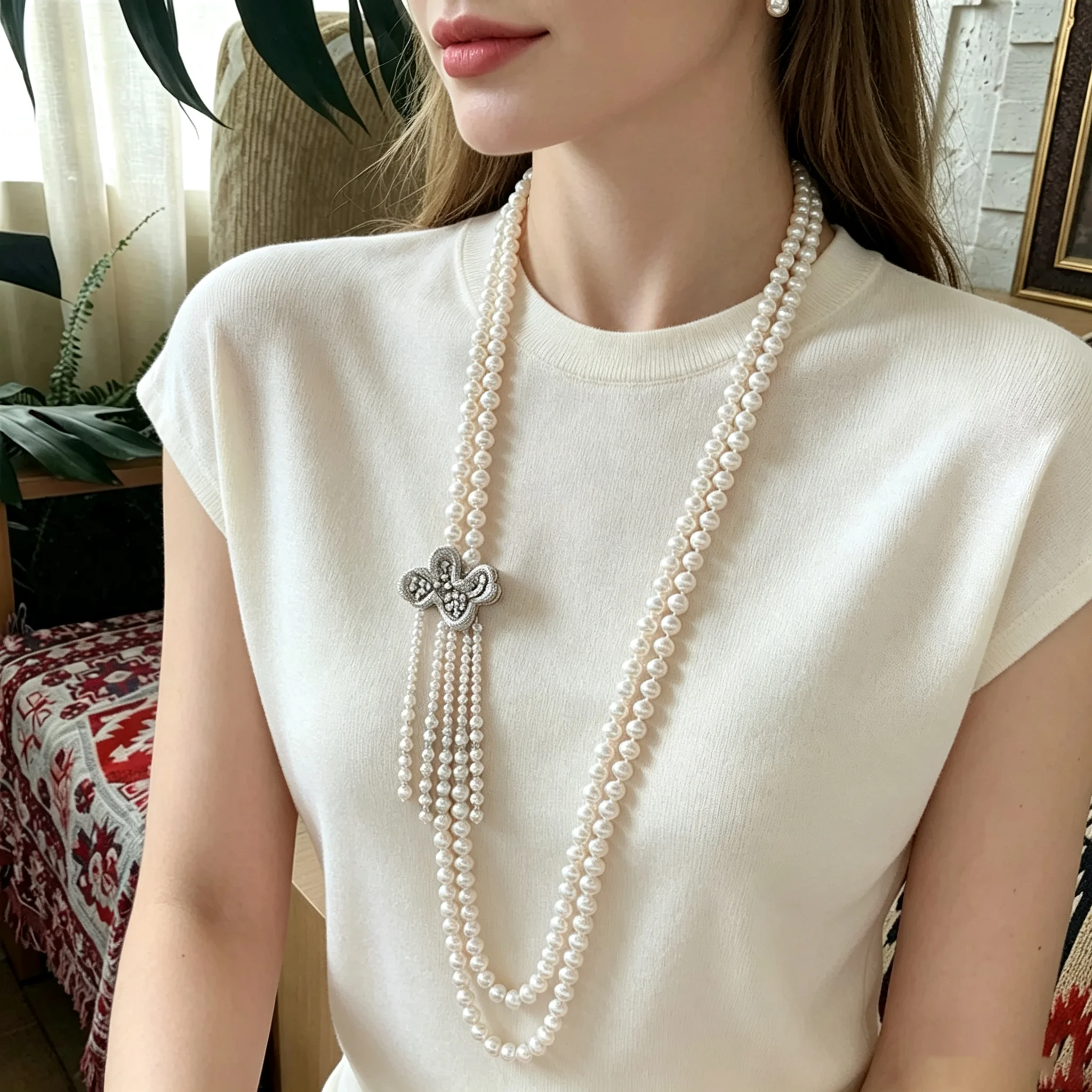 Natural Freshwater Pearl Long Tassel Pendant Sweater Necklace