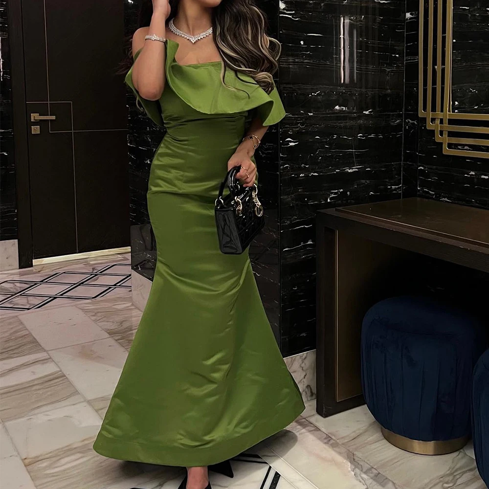 

Customized Exquisite Satin Mermaid Off The Shoulder Evening Dress Boat Neck Half Sleeves Bespoke Occasion Gowns Solid