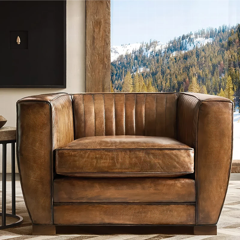 ROURKE LEATHER CHAIR, Distressed Brown Leather Club Chair with Chesterfield Tufting, Vintage Modern Living Room Accent Chair