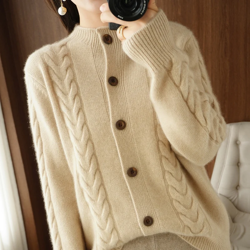 100% Pure Wool Sweater Autumn/Winter 2022 Women\'s Stand-up Collar Cardigan Casual Knitted Tops Korean Oversized Female Jacket