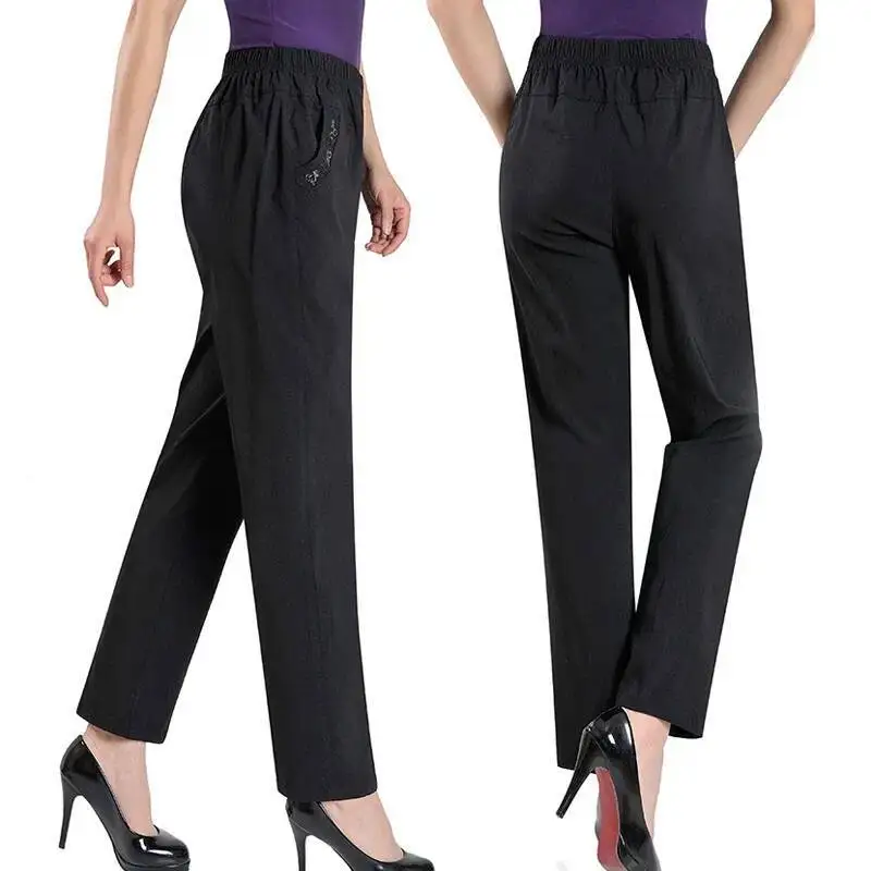 Middle Aged Women Casual Straight Pants Female Loose Elegant 2025 Spring Summer Elastic Waist Solid Color Cropped Trousers