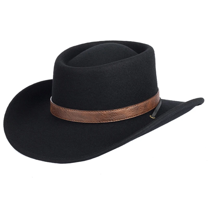 Women Men Classic Felt Fedora Hat Wide Brim Flat Top Boater Hat ,Black Coffee Color Adjustable American Western Cowboy Hats