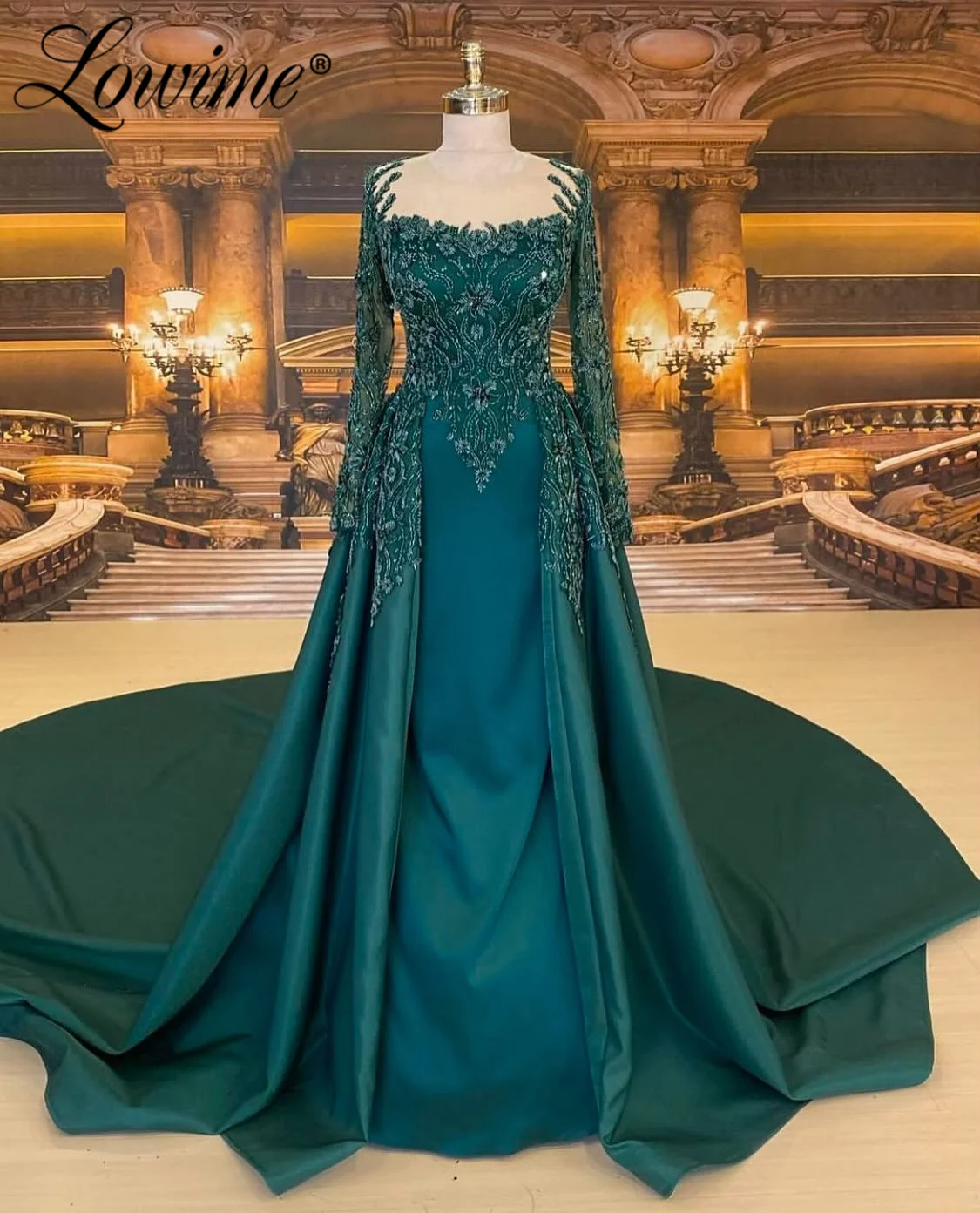 Robe de soirée formelle verte avec jupe, robes de soirée de mariage arabes de dubaï, personnalisées, manches longues, avec des appliques en dentelle, robes de bal