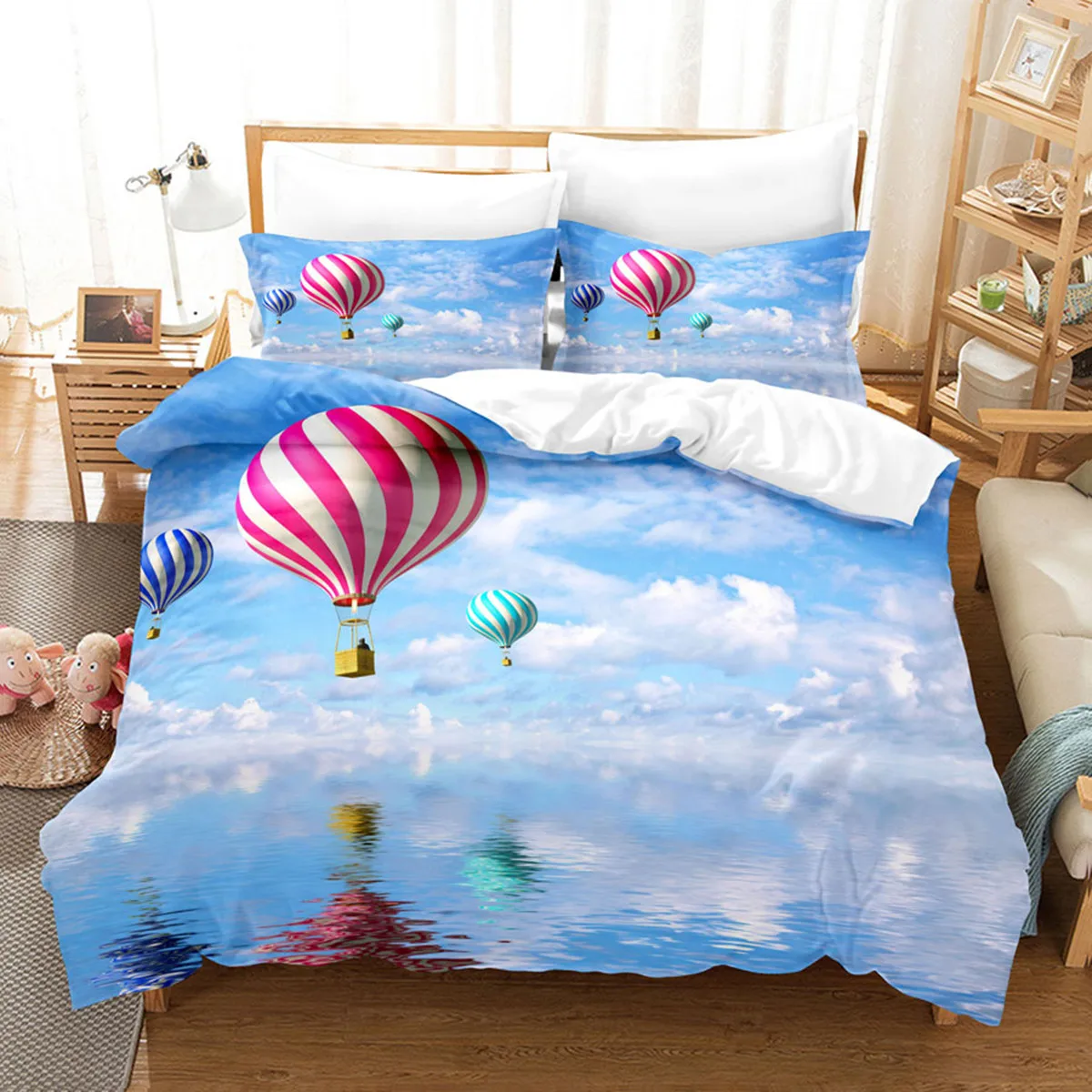 

Blue Sky White Cloudhot-air Balloon Duvet Cover for Children Boys Girls for Room Warm Decoration Bedding Set 3pcs with Zipper