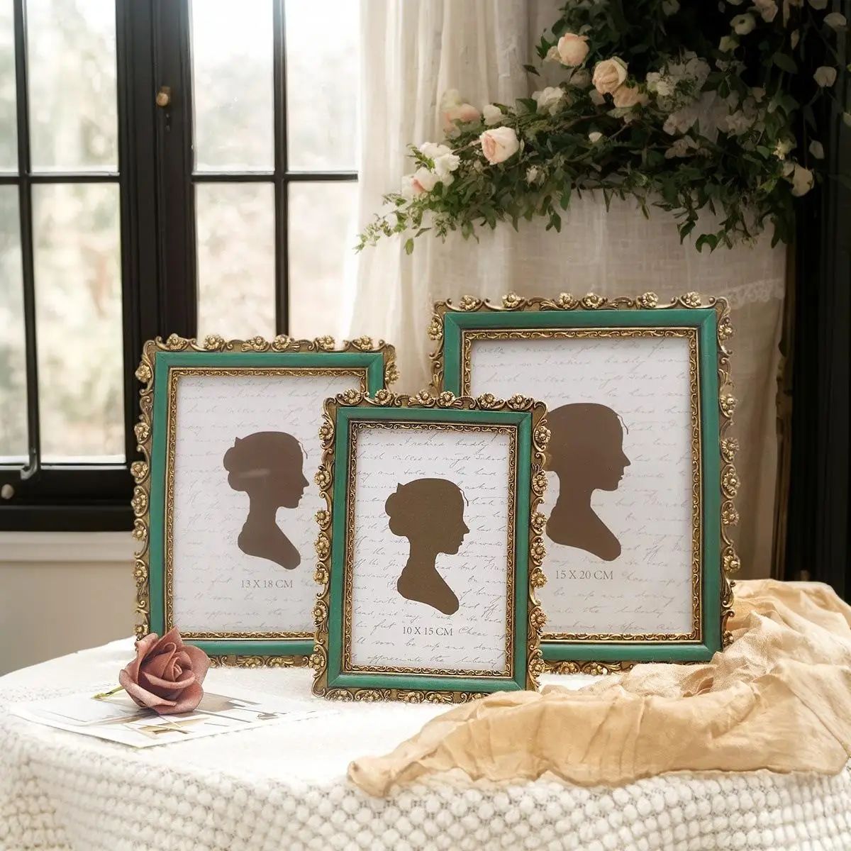 6/7/8inch Cherry Pattern Engraved Picture Frame Decorative Piece Green Luxury Art Frame Rectangular Photo Display Picture Frame