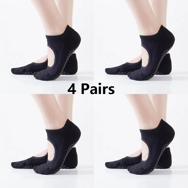 4 Paar Anti-Rutsch-Yoga-Socken für Damen, Sport, atmungsaktiv, Pilates-Socken, Baumwolle, Ballett, Fersenschutz, Tanzsocken, Hausschuhe