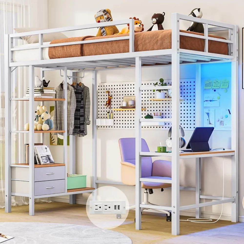 Metal Loft Bed Twin Size with Desk and Charging Station White Twin Loft Bed with LED Lights, 4Storage Shelves and2Fabric Drawers