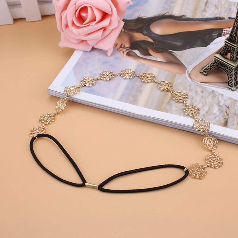 Fashion 1pc Golden Korean fashion retro Rose Flower Elastic Women Girls Hair Band Hollow Charming Headband Accessories