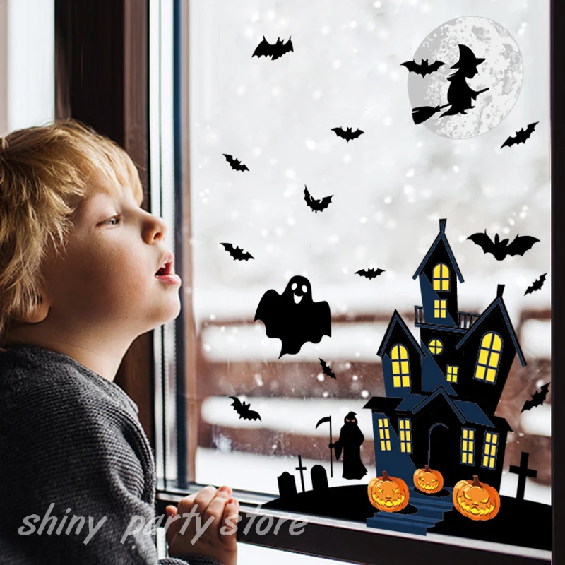 Pegatina electrostática de ventana de Halloween con diseño de murciélago fantasma y bruja, decorativa para casa embrujada y decoración del hogar