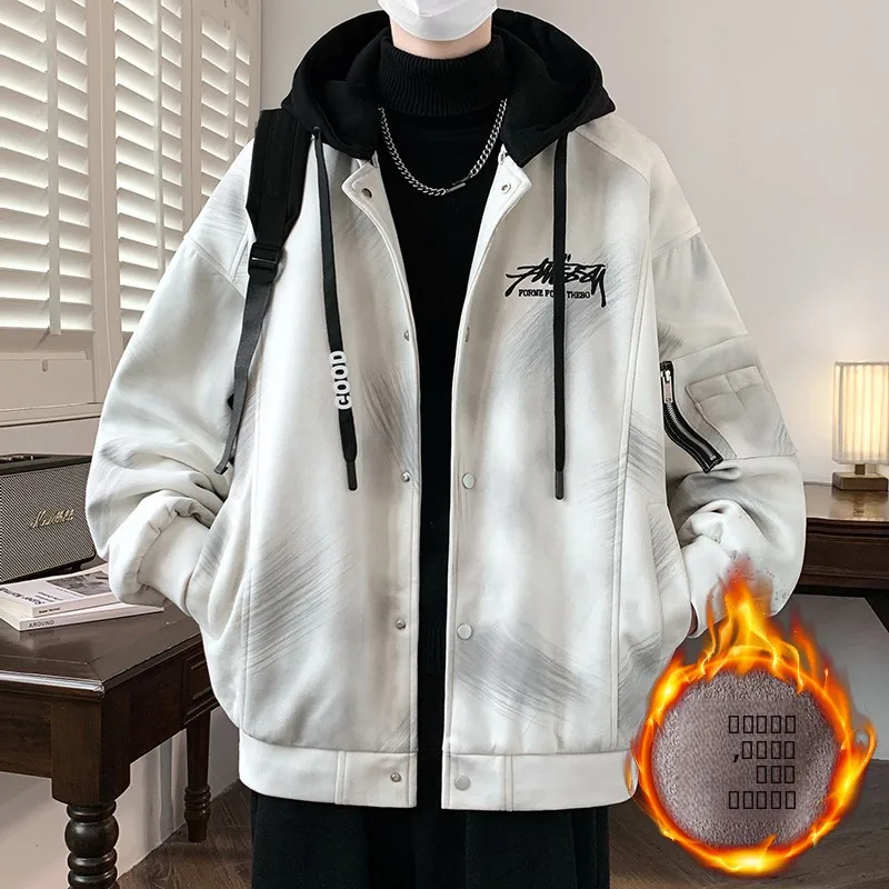 

Утепленная флисовая куртка с отстегивающимся капюшоном для подростков, теплая верхняя одежда свободного кроя, осенне-зимняя, из полиэстера, мужская куртка