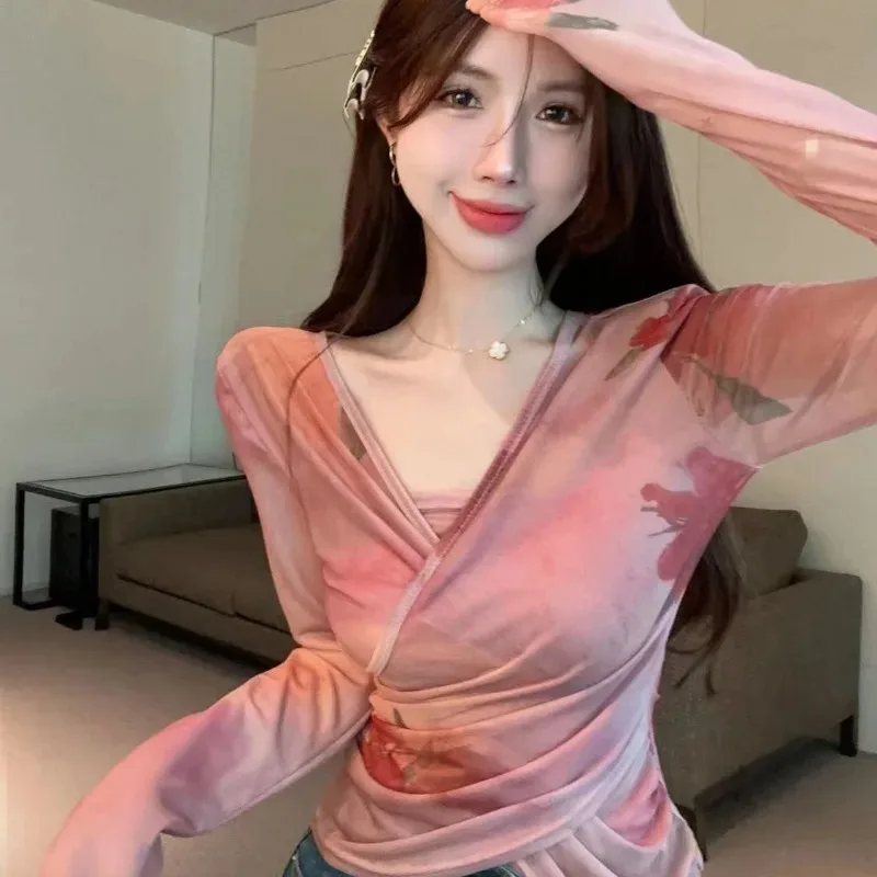 Long Sleeve T-shirts Women Summer Sweet Spicy Girls Floral Pleated Korean Style All-match Skinny Sunscreen Casual Streetwear