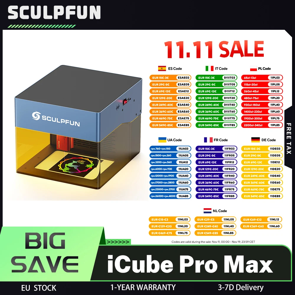 Sculpfun – graveur Laser iCube Pro Max 10W, avec filtre à fumée, point Laser 0.08mm, vitesse de gravure 10000mm/min, 120x120mm, 5000 tr/min