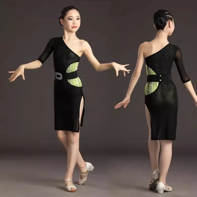 Theeper Girls Latin Dance Dress Slanted Shoulder Kids Competition Performance Costume Professional Standard Practice Dancewear