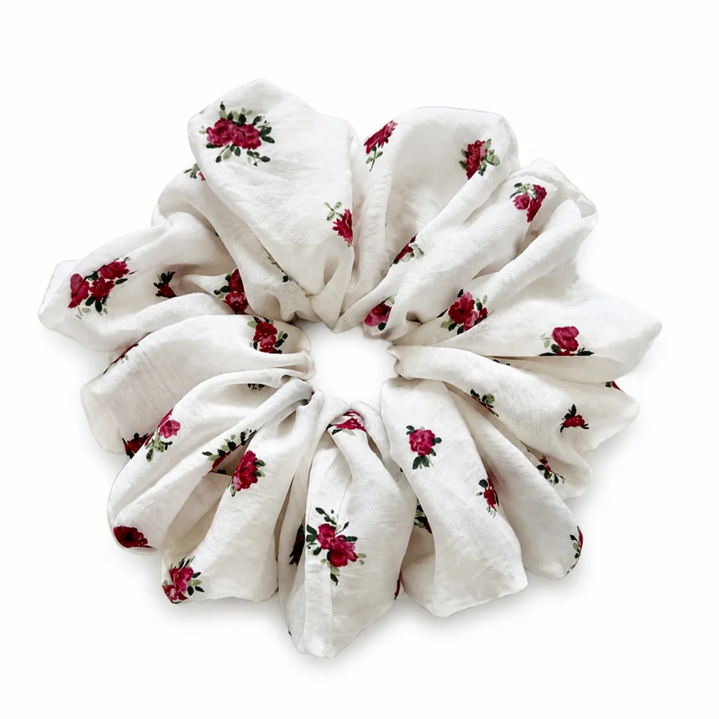 ivory-burgundy-rose-single-layer-scrunchie-oversized-handmade-floral-hair-tie-soft-ponytail-holder-for-women