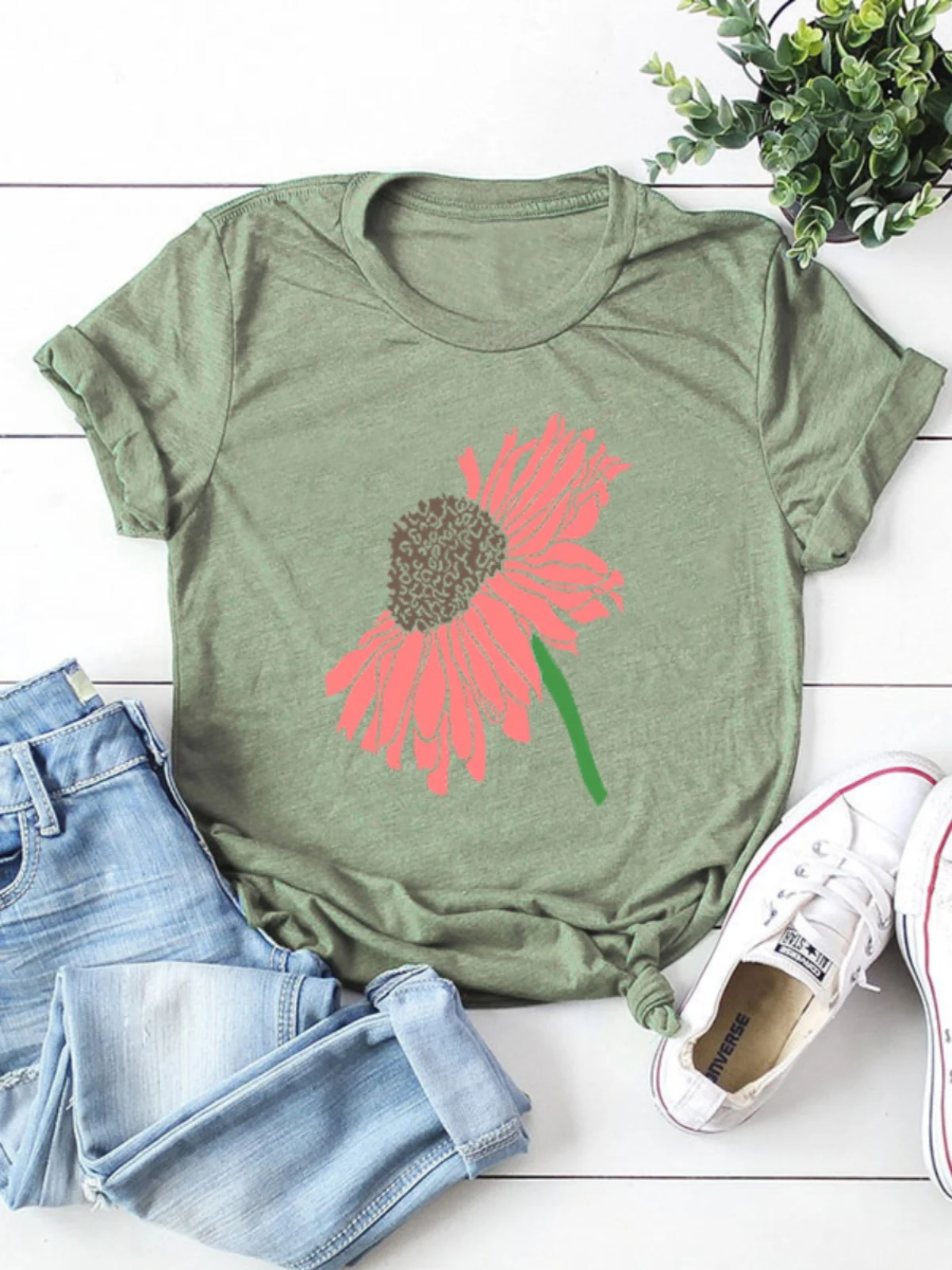 

Loose Fit Pure Cotton ort Sve T-irt Women's Street Sle Floral Print Casual Top Thin Material Summer Faion