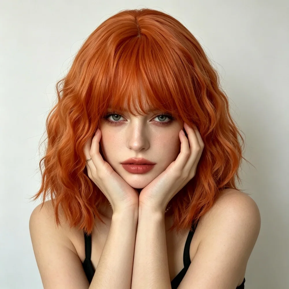 Short Bob Hairstyle Orange Synthetic Wig - Halloween Party Cosplay Costume Wig - Daily Party High-Temperature Silk Wig Set