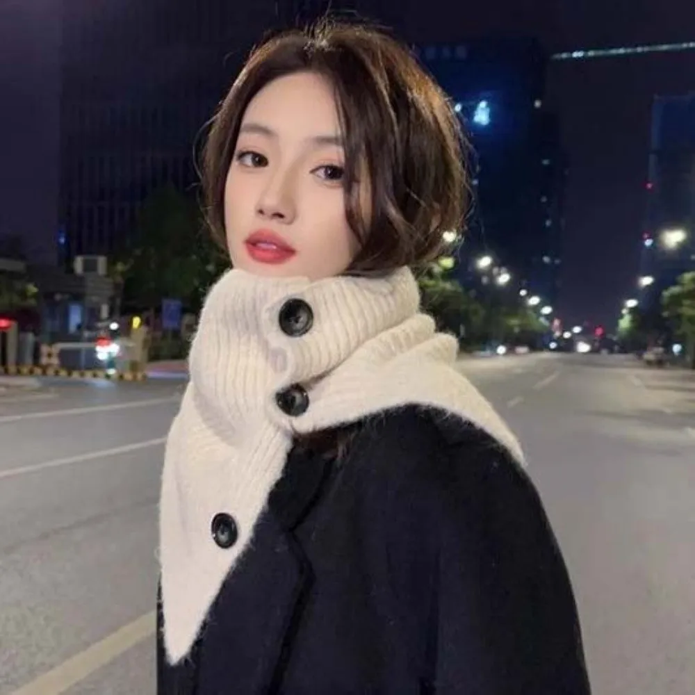 Retro Design Knit Neck Warmer Split Collar Cozy Texture Button Knit Scarf Windproof Layer Stretchy Fabric Korean Style Snood