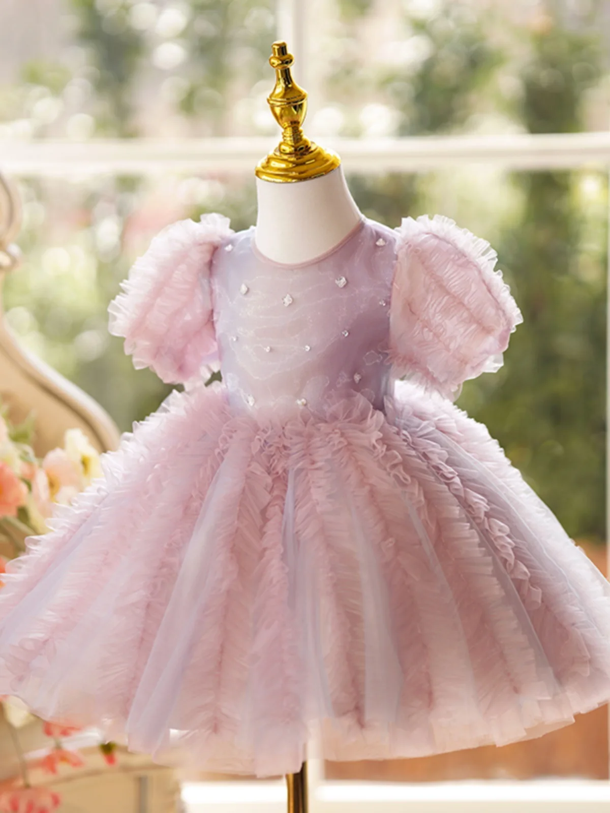 Short Sleeves Tulle Girl Party Dresses Elegant Fluffy Girl Princess Dress Children Lush Birthday Wedding Evening Dress 1y-14y